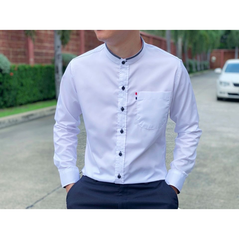 เสื้อเชิ้ตคอจีนแขนยาวไม่มีลาย Twill Cotton 100%