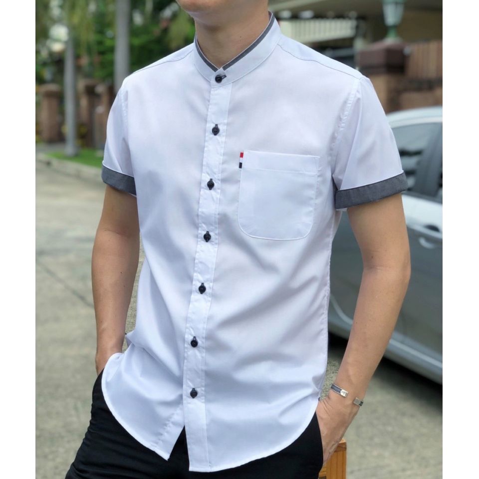 เสื้อเชิ้ตคอจีนแขนสั้นไม่มีลาย Twill Cotton 100%